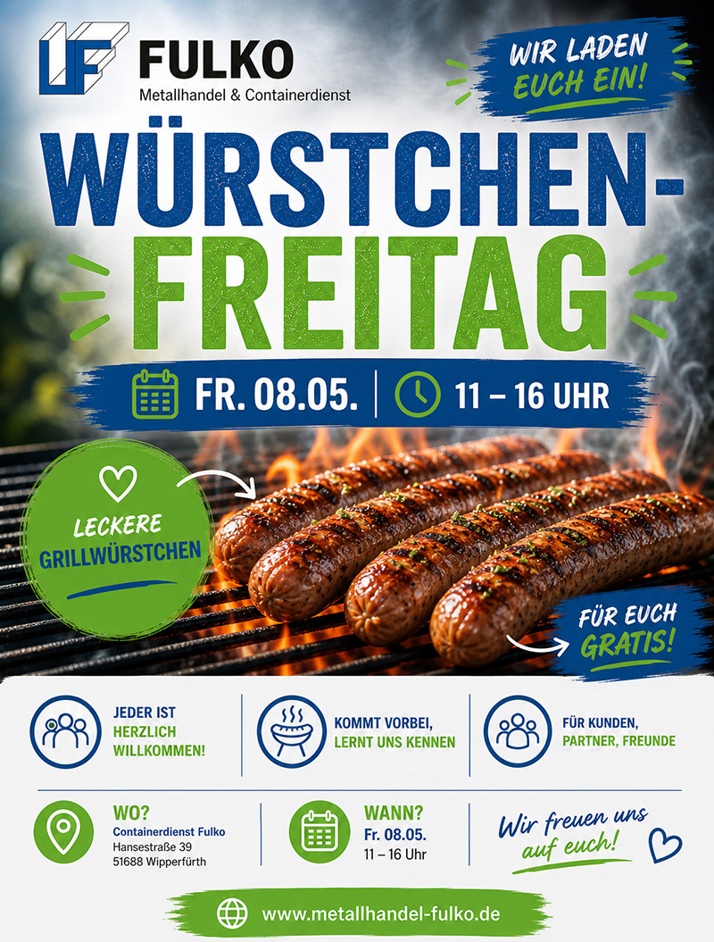 Würstchen-Freitag bei Fulko: Gratis Grillwürstchen am 08.05. von 11–16 Uhr in Wipperfürth. Alle sind willkommen!